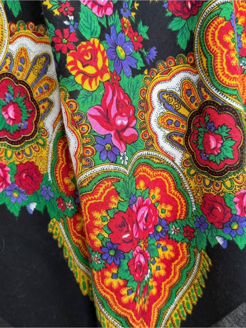 Vintage Russian Wool Floral Square Shawl Black Folk Scarf Wrap 50”x50”
